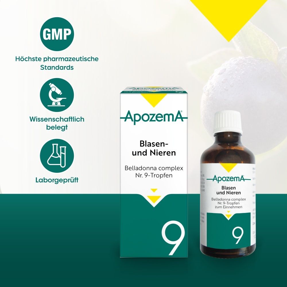 Apozema Blasen- und Nieren-Tropfen Nr. 9: GMP, wissenschaftlich belegt, laborgeprüft.