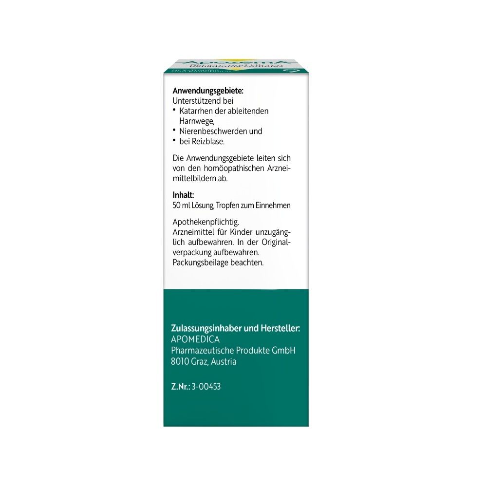 Rückseite der Apozema Blasen- und Nieren-Tropfen Nr. 9 Verpackung mit Anwendungsinformationen.