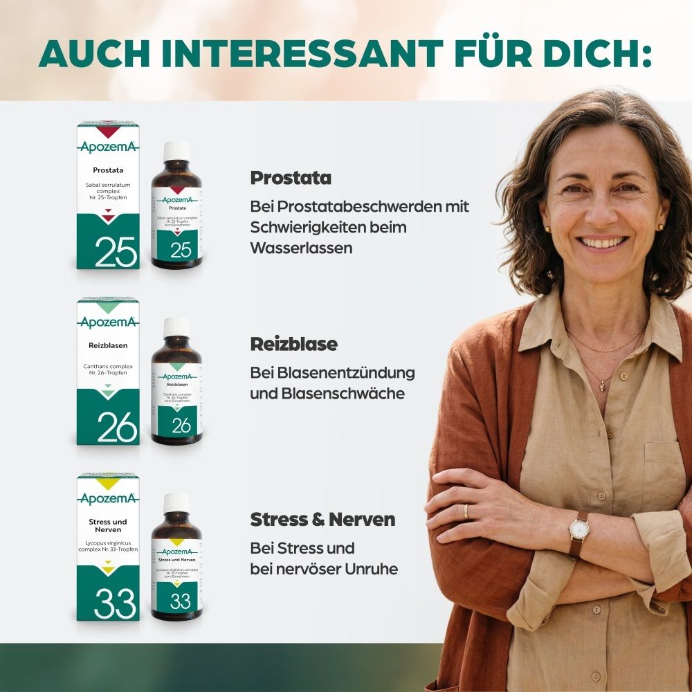 Apozema Produkte: Prostata, Reizblase, Stress & Nerven. Frau lächelt.
