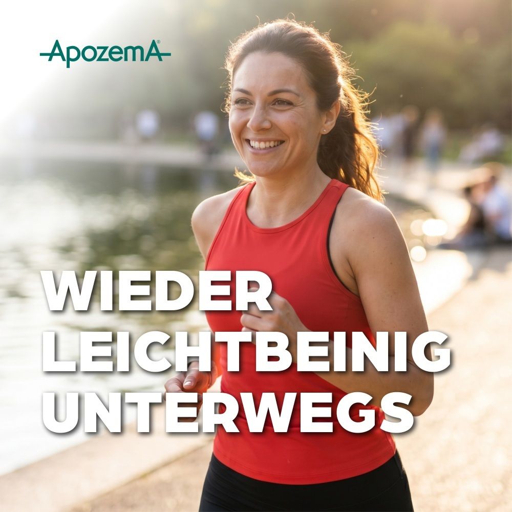 Lächelnde Frau beim Joggen, Apozema Venen Tropfen.