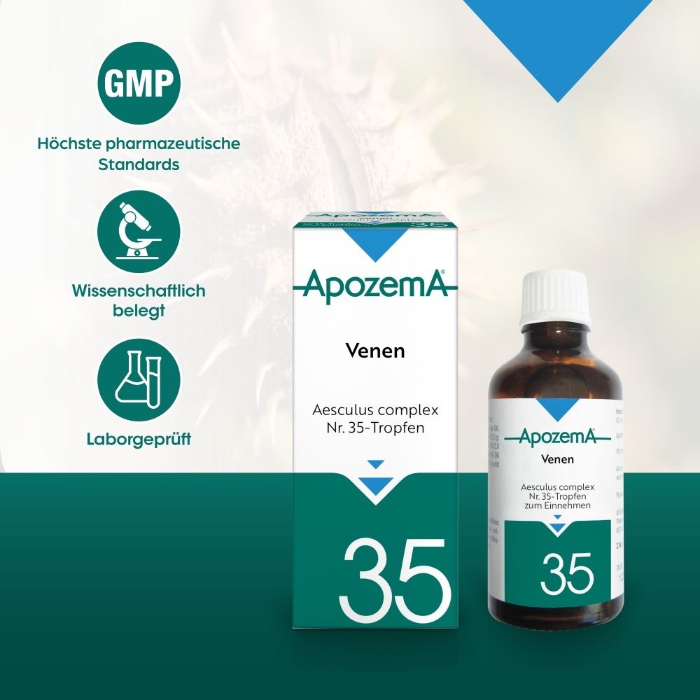Apozema Venen Tropfen Nr. 35 mit GMP, Wissenschaftlich belegt, Laborgeprüft Siegeln.