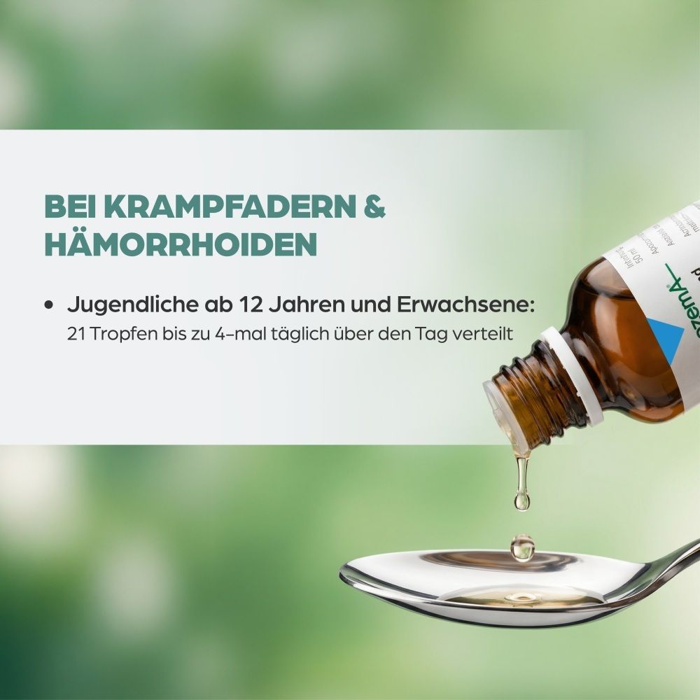 Tropfen Apozema Venen Nr. 35 werden auf einen Löffel getropft.