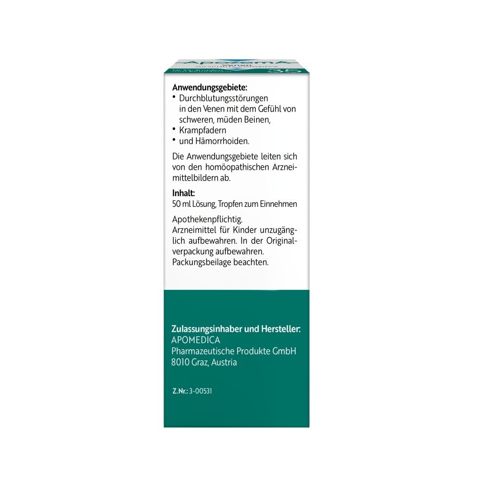 Rückseite der Apozema Venen-Tropfen Nr. 35 Schachtel mit Anwendungsinformationen.