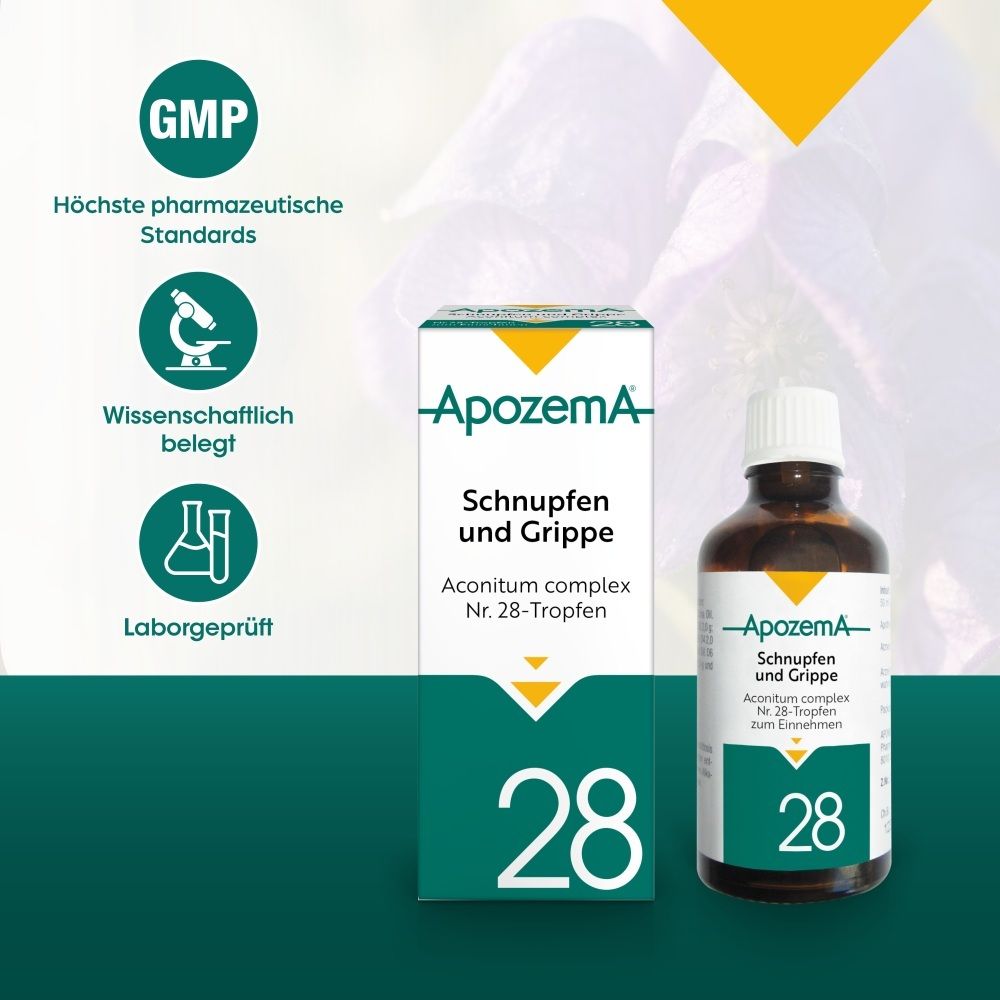 Apozema® Tropfen Nr. 28: GMP-zertifizierte Herstellung, wissenschaftlich belegt.