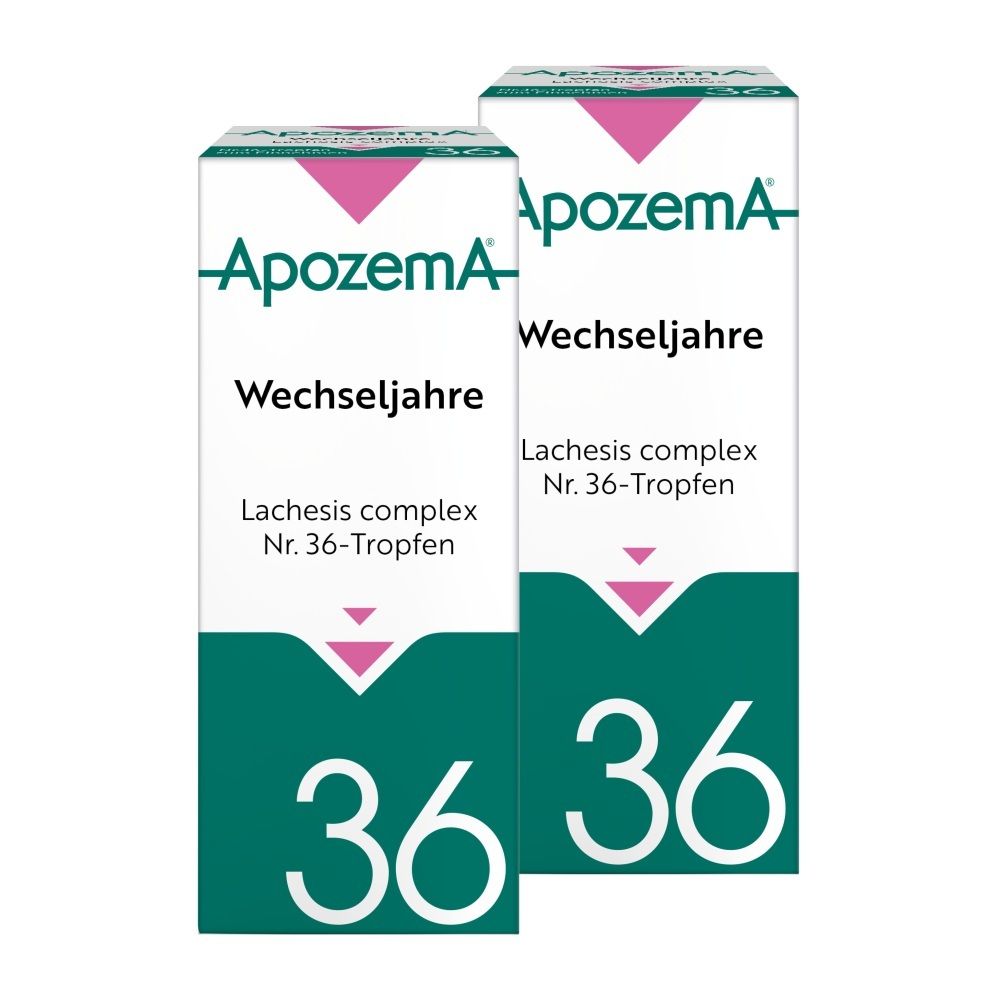 Apozema Wechseljahre Tropfen Nr. 36: Flasche und Faltschachtel mit Produktinformationen.