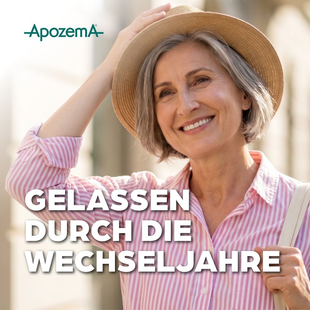 Lächelnde Frau mit Hut, die sich gelassen durch die Wechseljahre bewegt.