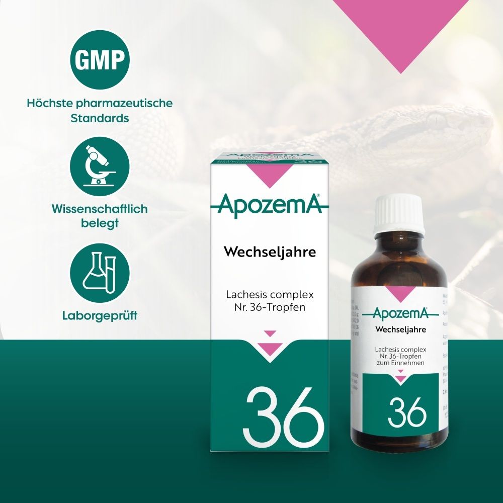 Apozema Wechseljahre Nr. 36 Tropfen mit GMP-Siegel und Qualitätsmerkmalen.