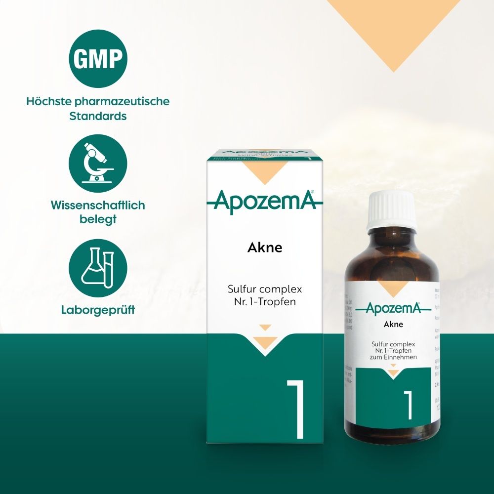 APOZEMA Akne-Tropfen Nr. 1: GMP-zertifiziert, wissenschaftlich belegt, laborgeprüft. Flasche und Faltschachtel.