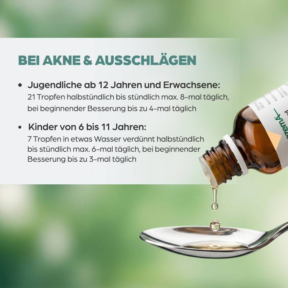 Tropfen werden auf einen Löffel gegeben, Anwendungshinweise für Akne.