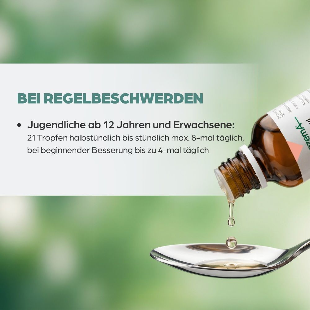 Tropfen werden auf einen Löffel gegeben. Apozema Logo. Text: Bei Regelbeschwerden.