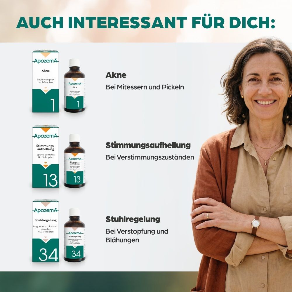 Apozema Produkte: Akne, Stimmungsaufhellung, Stuhlregelung. Frau lächelt.