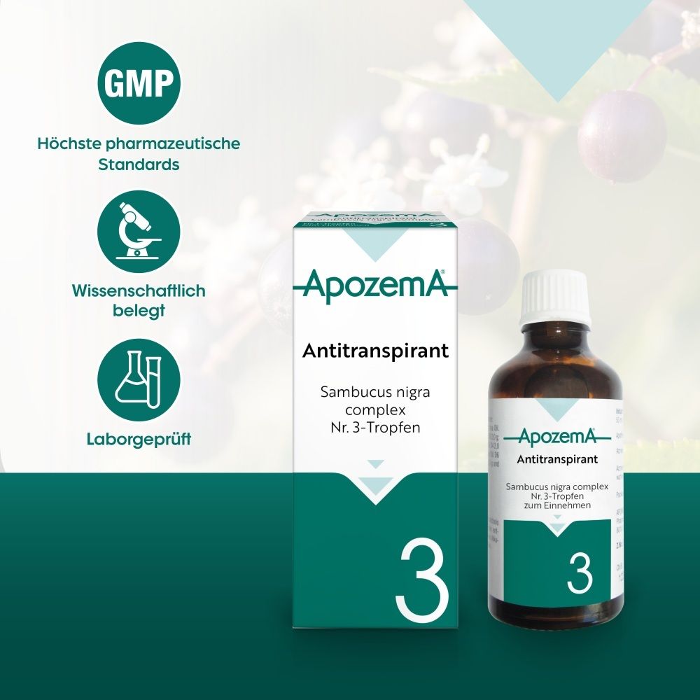 ApoZema Antitranspirant Tropfen Nr. 3: Flasche und Faltschachtel, mit GMP-Siegel und Qualitätsmerkmalen.