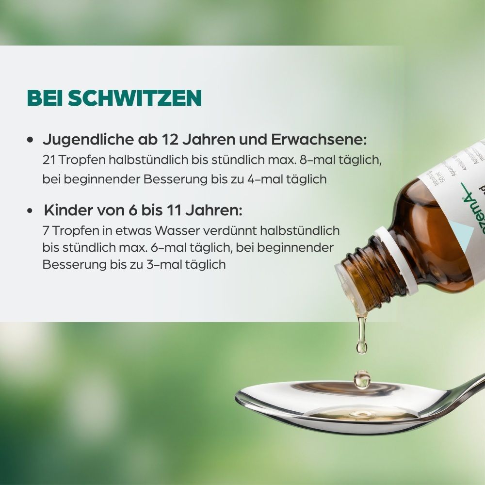 Tropfen werden aus ApoZema Antitranspirant Flasche auf einen Löffel gegeben.