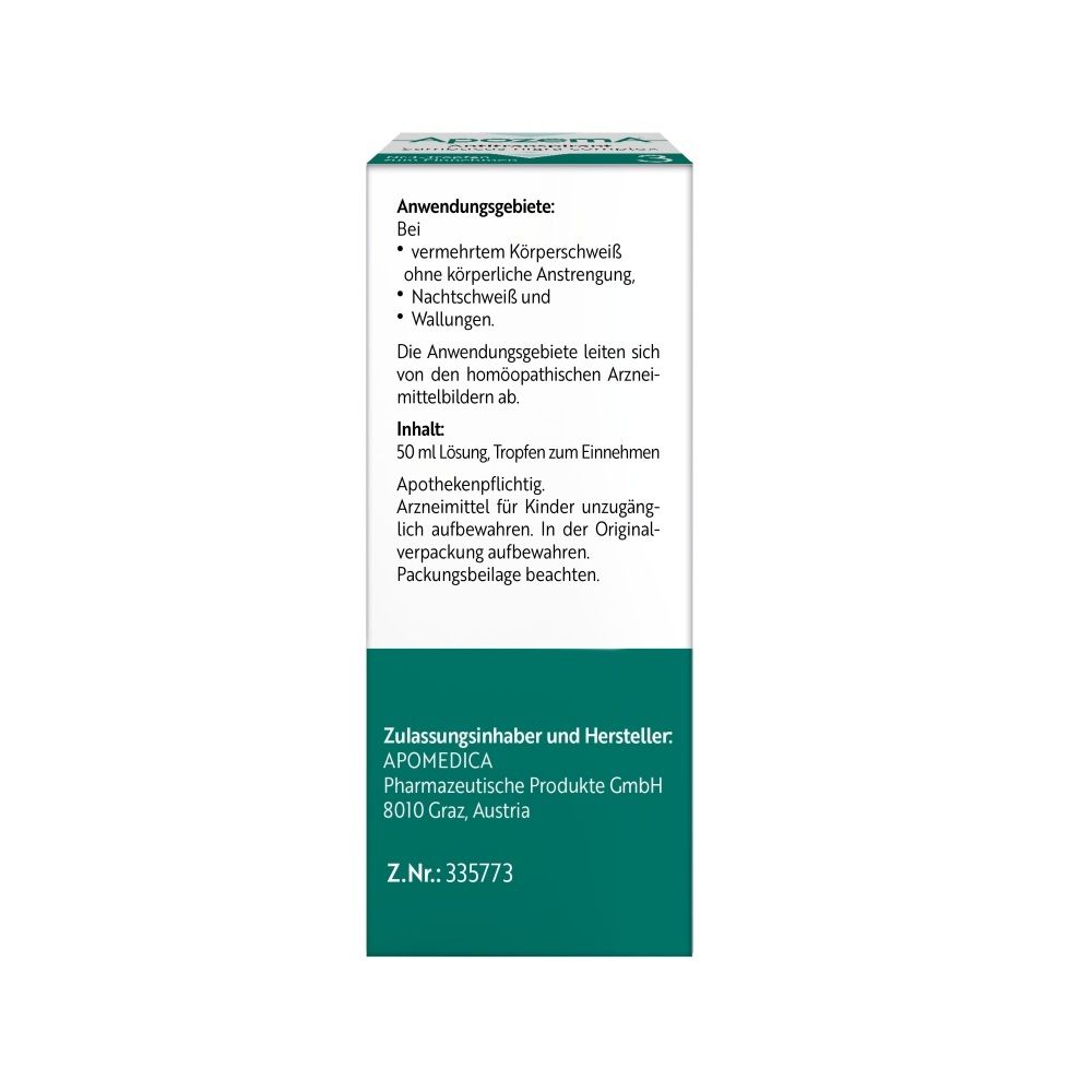 Rückseite der ApoZema Antitranspirant Tropfen Nr. 3 Faltschachtel mit Anwendungsinformationen.