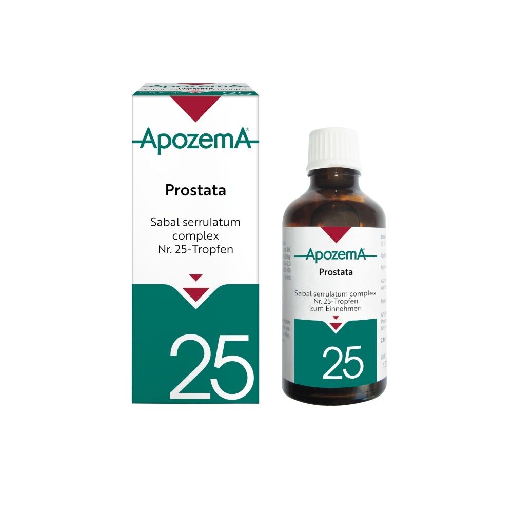 Apozema Prostata Tropfen Nr. 25: Fläschchen und Faltschachtel mit Produktinformationen und der Zahl 25.