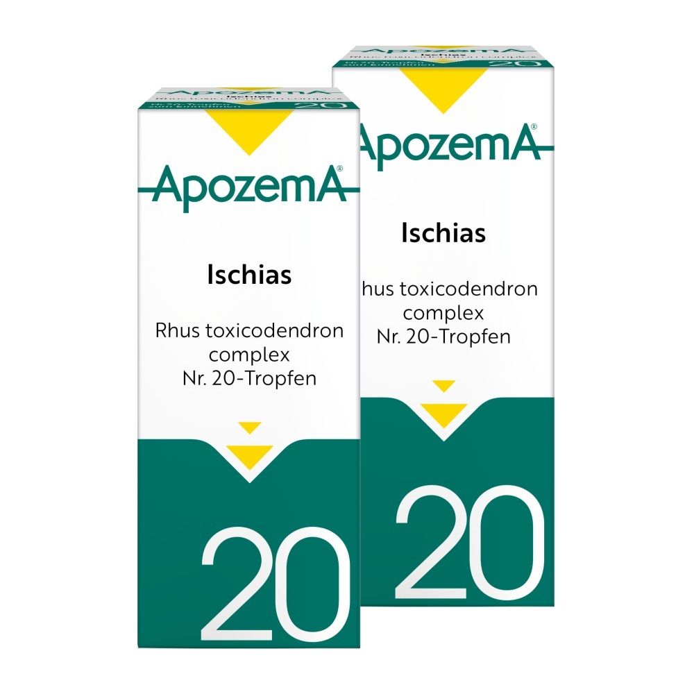 Apozema Ischias Tropfen Nr. 20: Fläschchen und Faltschachtel mit Etikett.