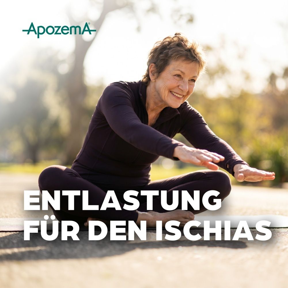 Frau in entspannter Pose im Freien, Text: Entlastung für den Ischias.
