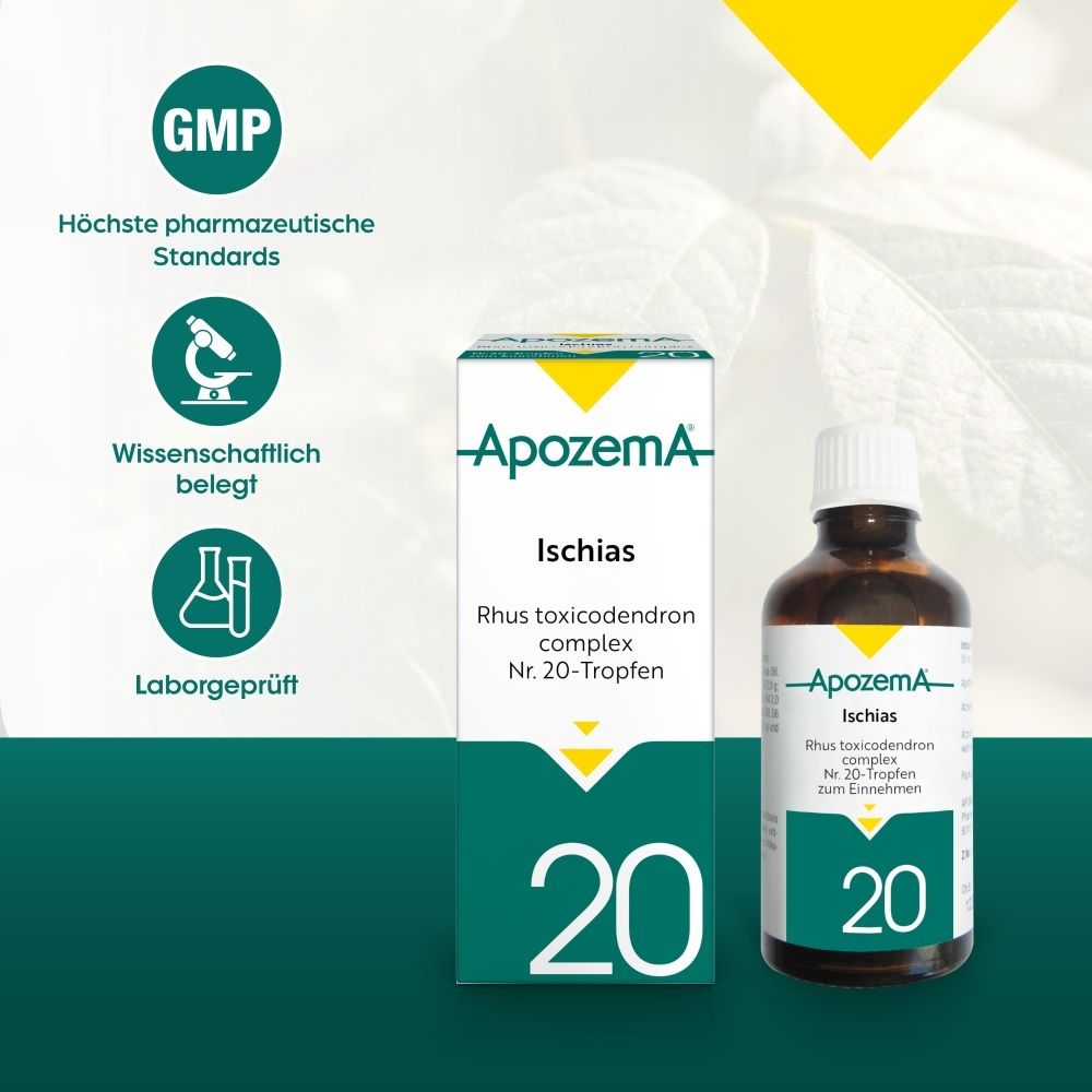 Apozema Ischias Tropfen Nr. 20: Fläschchen und Faltschachtel mit GMP-Siegel und Qualitätsmerkmalen.