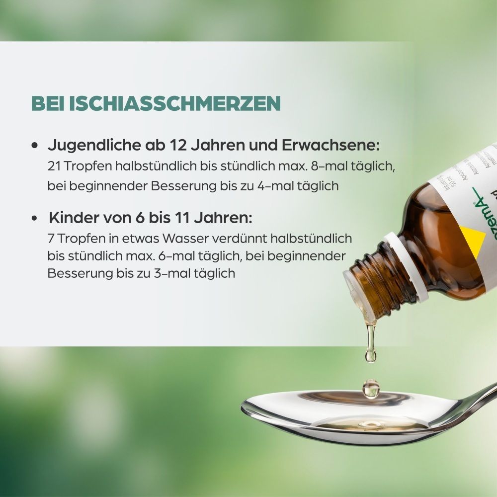 Tropfen werden aus einem Fläschchen auf einen Löffel gegeben, Text: Bei Ischias-Schmerzen.