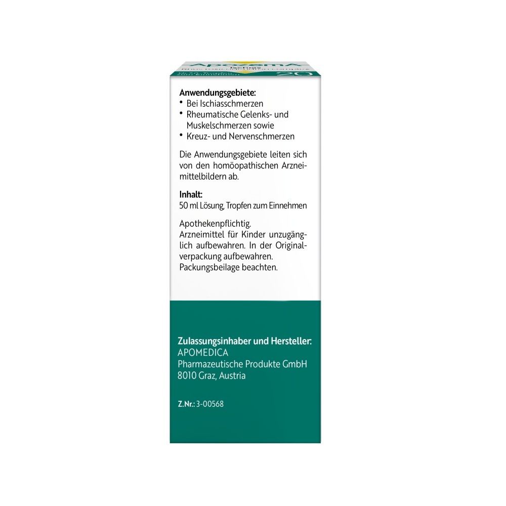 Rückseite der Faltschachtel von Apozema Ischias Tropfen Nr. 20 mit Anwendungsinformationen.
