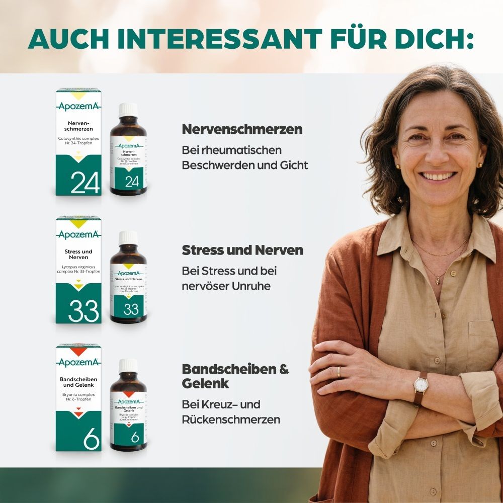 Frau lächelt, daneben Apozema Ischias Tropfen Nr. 20 und andere Produkte.
