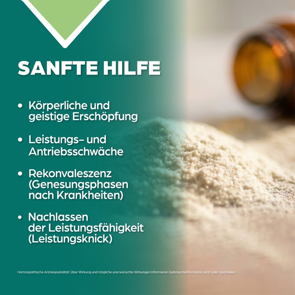 Pulver neben einer Flasche, Text: Sanfte Hilfe bei Erschöpfung.