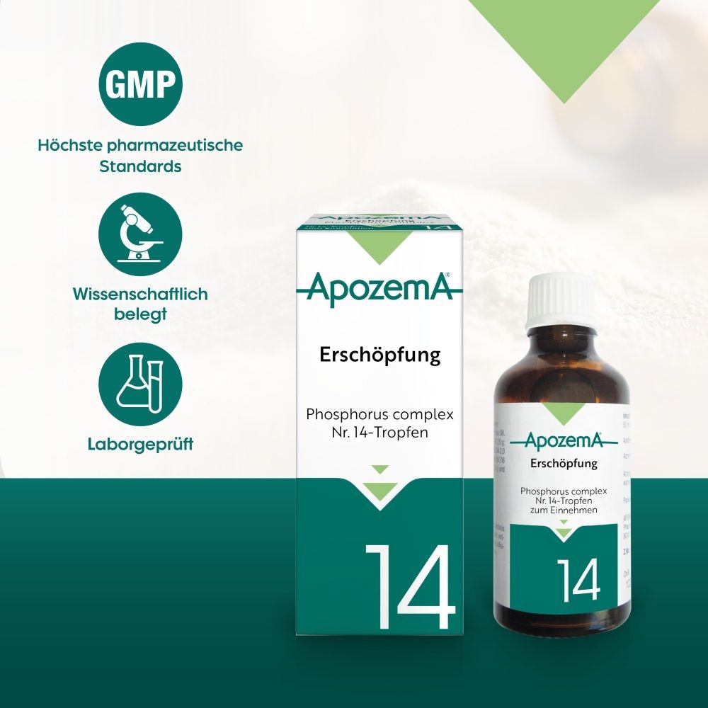 Apozema Erschöpfung Nr. 14 Tropfen: Flasche, Faltschachtel und Qualitätssiegel.