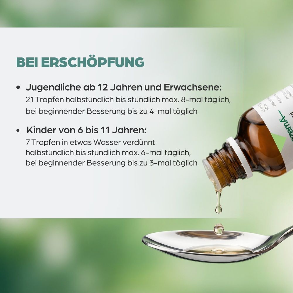 Tropfen werden auf einen Löffel gegeben, Text: Bei Erschöpfung.
