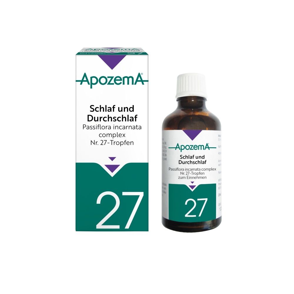 Apozema Schlaf und Durchschlaf Tropfen Nr. 27: Flasche und Faltschachtel.