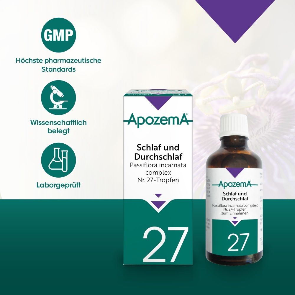 Apozema Schlaf und Durchschlaf Tropfen Nr. 27: Flasche, Faltschachtel, GMP-Siegel.