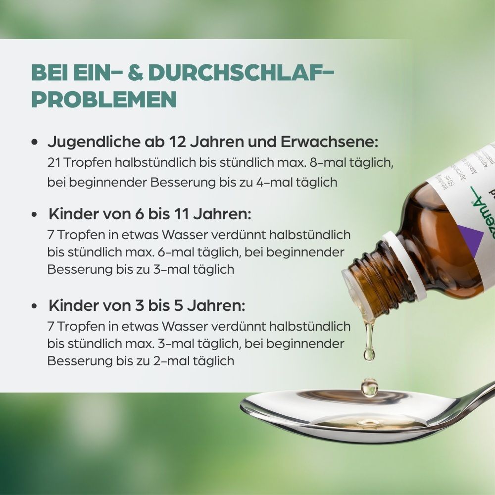 Tropfen werden auf einen Löffel gegeben, Dosierungsanleitung für Kinder und Erwachsene.