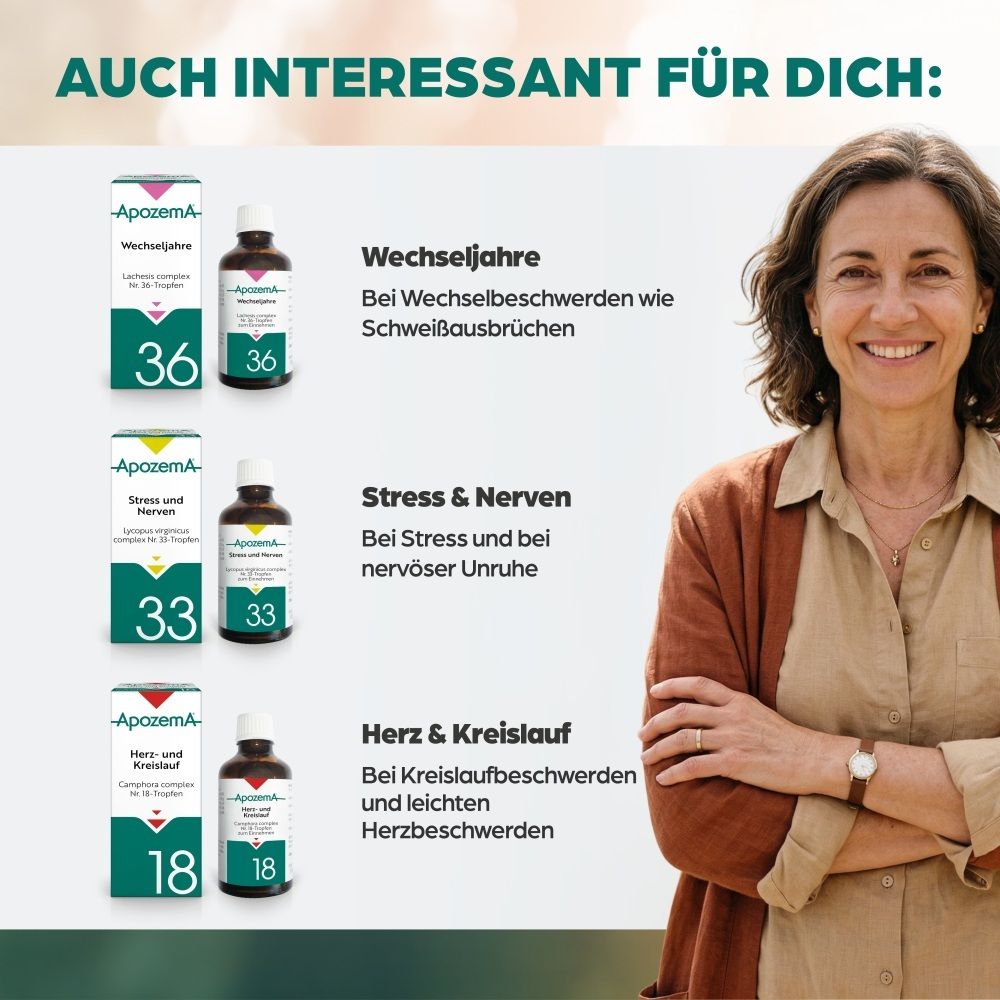 Apozema Produkte 36, 33, 18 und lächelnde Frau.