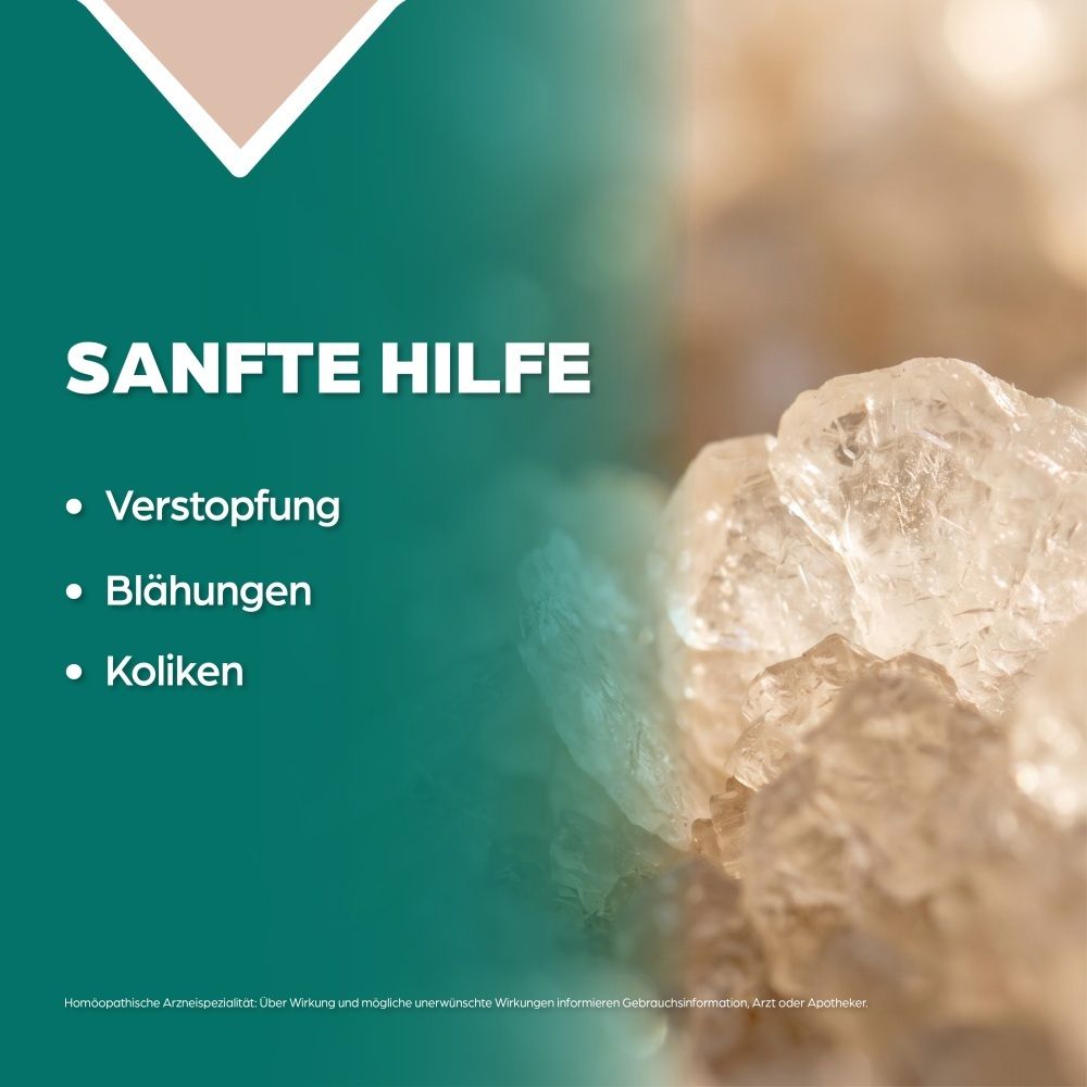 Kristalline Substanz, Text: Sanfte Hilfe bei Verstopfung, Blähungen, Koliken.