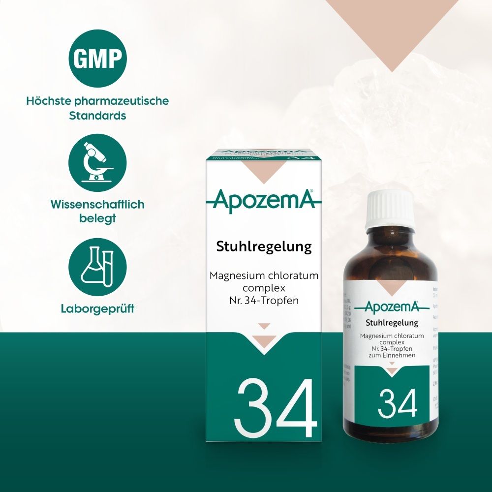 Apozema Stuhlregelungs-Tropfen Nr. 34: Flasche und Faltschachtel, GMP-Siegel, Mikroskop- und Laborgeräte-Symbol.