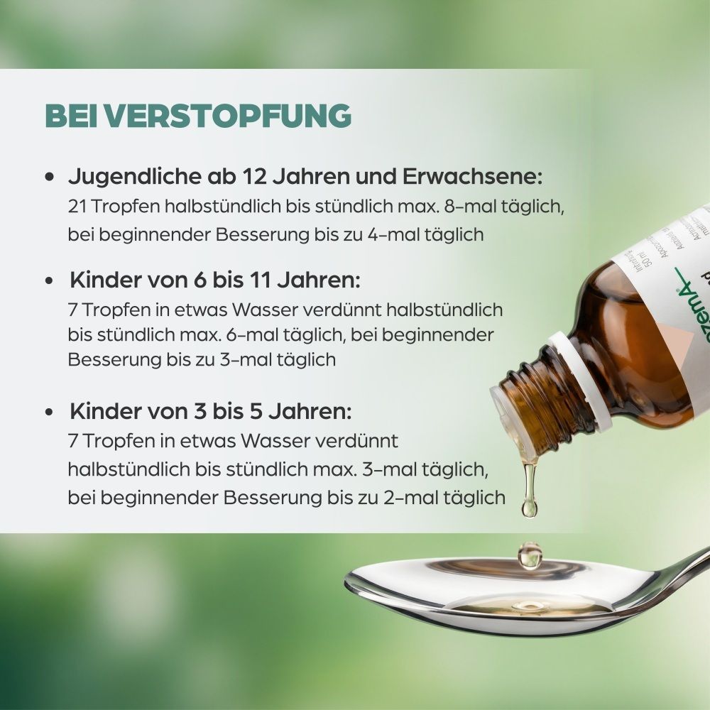 Tropfen werden aus einer Flasche auf einen Löffel gegeben, Text: Dosierungsanleitung bei Verstopfung.