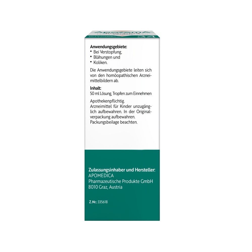 Rückseite der Faltschachtel von Apozema Stuhlregelungs-Tropfen Nr. 34 mit Anwendungsinformationen.
