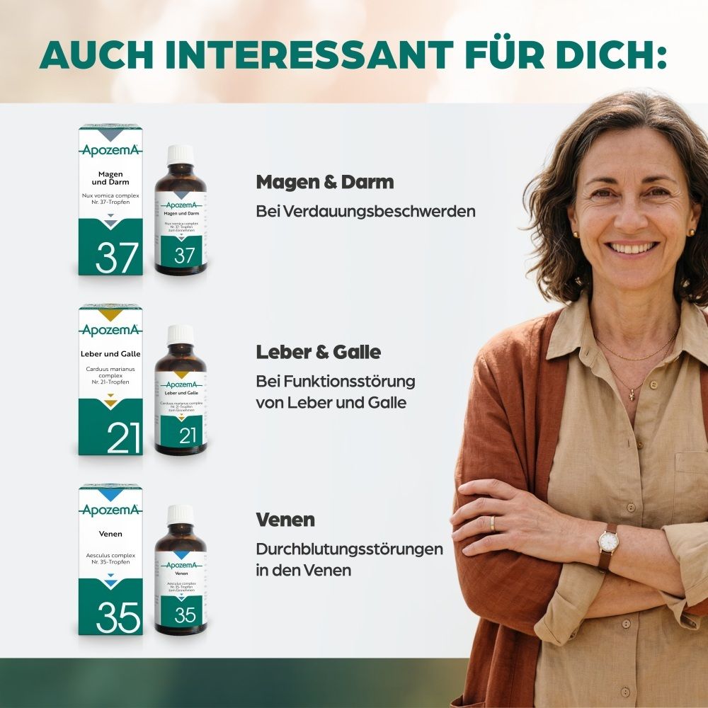 Apozema Produkte für Magen & Darm, Leber & Galle, Venen. Frau im Hintergrund.