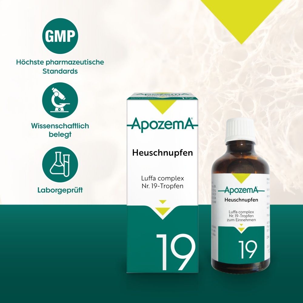 Apozema Heuschnupfen Nr. 19 Tropfen: Fläschchen und Schachtel mit GMP-Siegel.