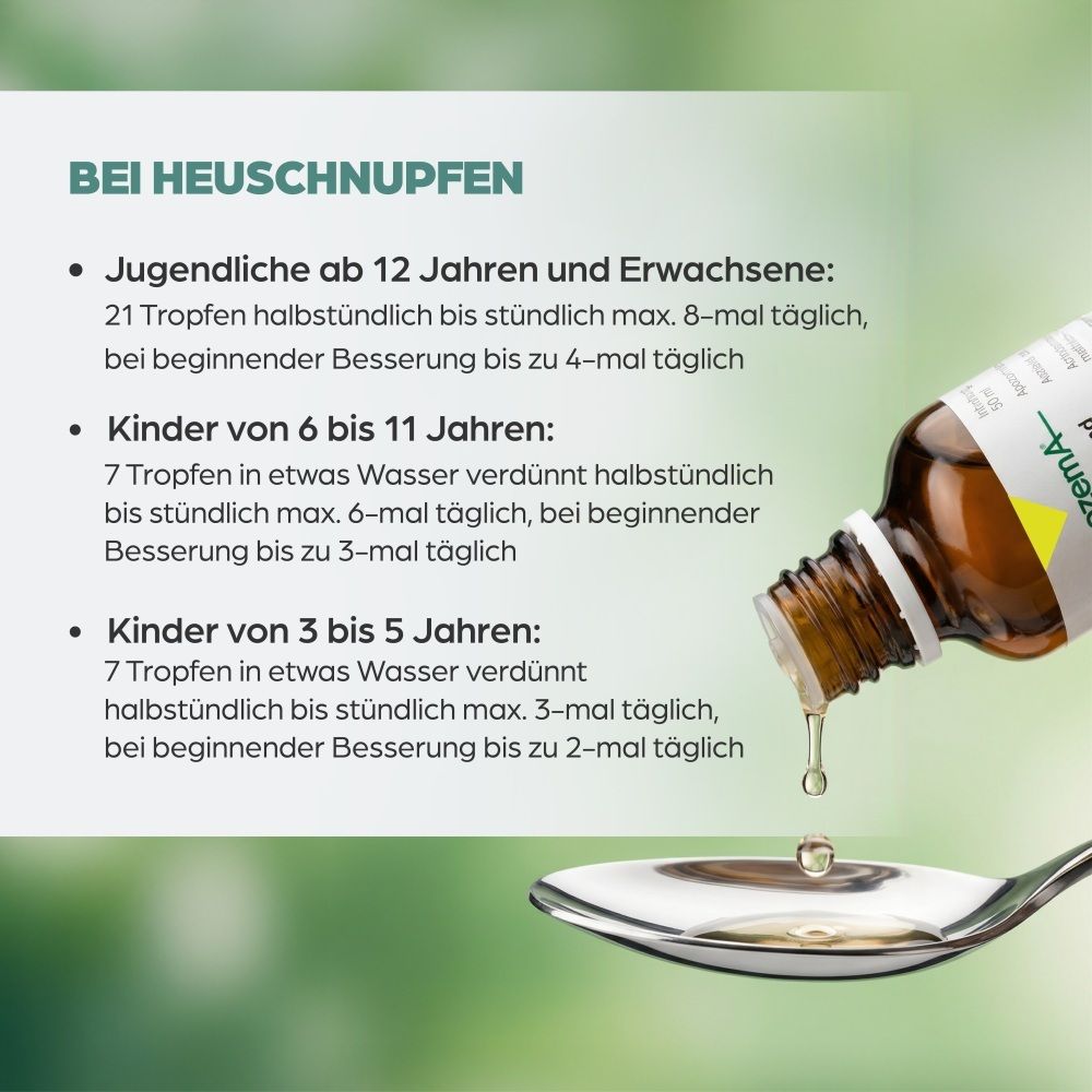 Dosierungsanleitung für Apozema Heuschnupfen Tropfen.