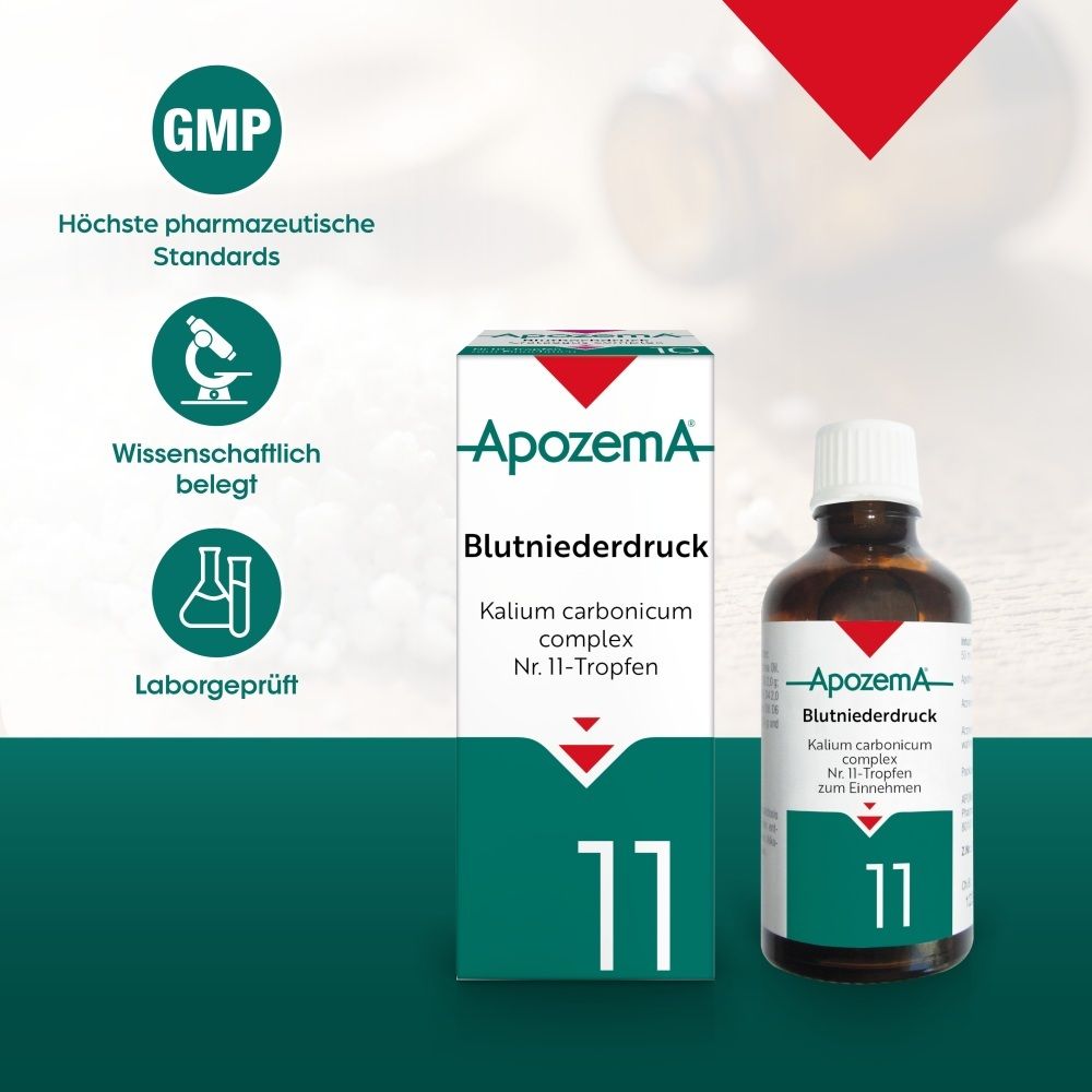 Apozema Blutniederdruck Tropfen Nr. 11: Flasche und Faltschachtel mit GMP-Siegel.