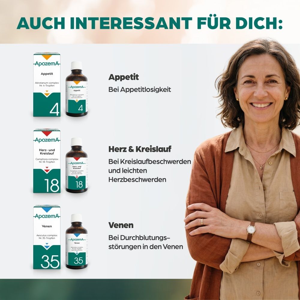 Apozema Produkte für Appetit, Herz & Kreislauf, Venen. Frau lächelt.