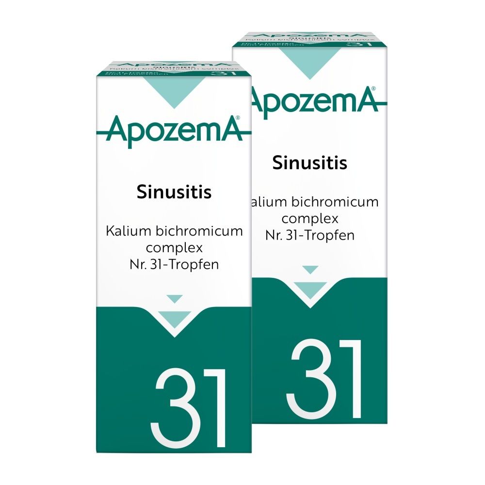 Apozema Sinusitis Nr. 31 Tropfen: Fläschchen und Faltschachtel mit Aufdruck.