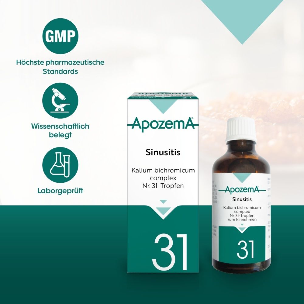 Apozema Sinusitis Nr. 31 Tropfen: Fläschchen und Faltschachtel, mit GMP-Siegel.