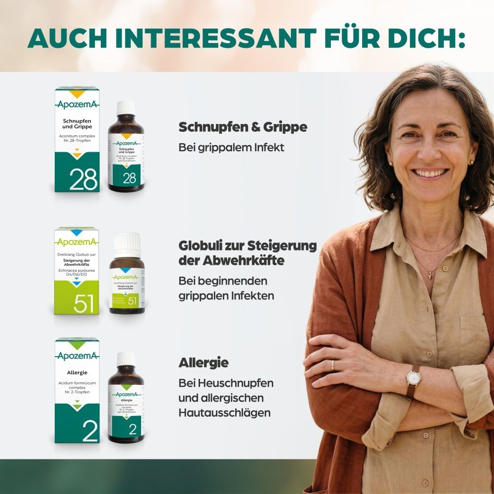 Frau lächelt, daneben Apozema Schnupfen & Grippe, Globuli, Allergie.