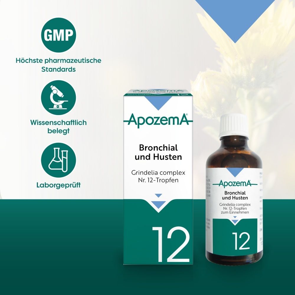 Apozema Bronchial- und Husten Tropfen Nr. 12: Schachtel, Flasche und Qualitätssiegel.