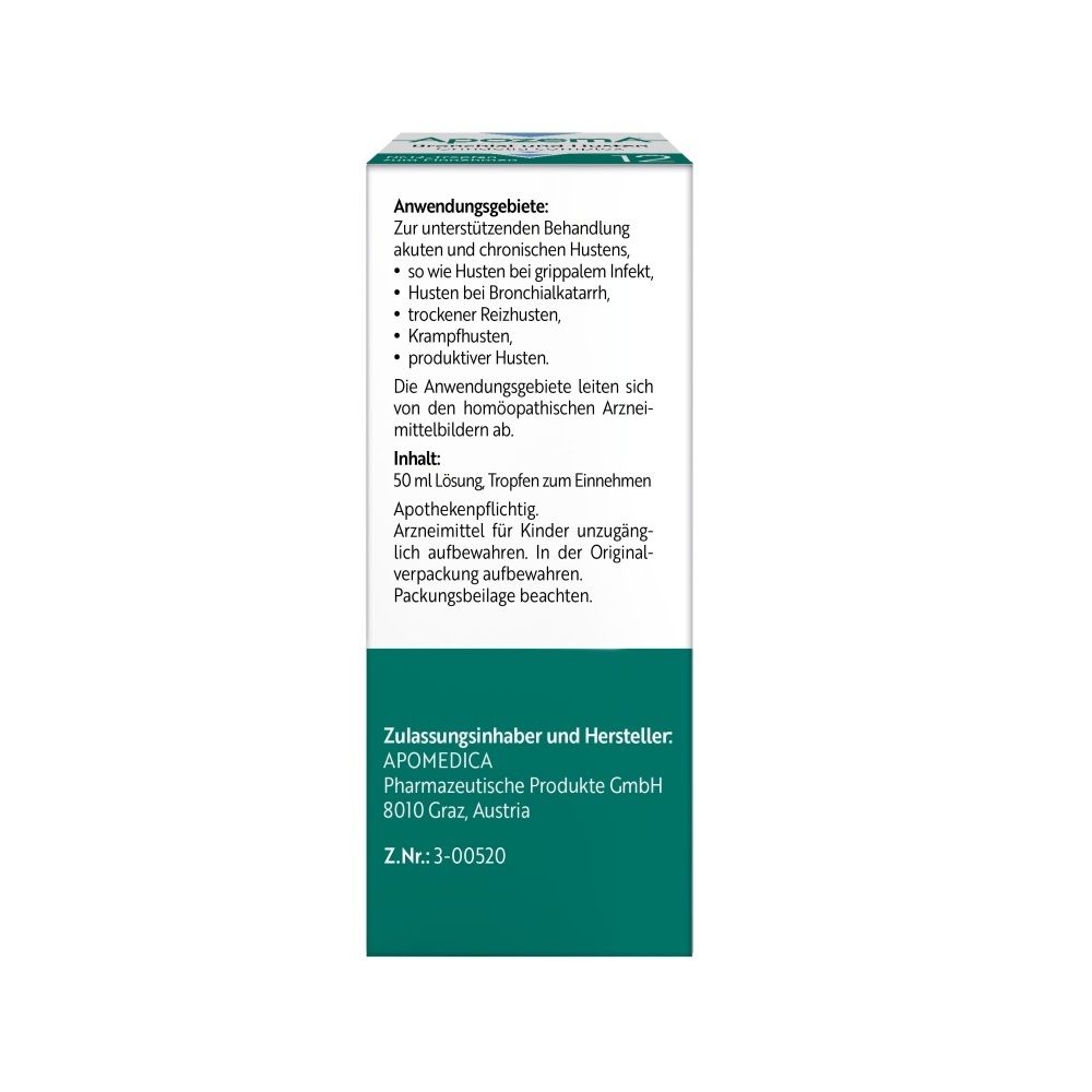 Apozema Bronchial- und Husten Tropfen Nr. 12: Rückseite der Schachtel mit Anwendungsinformationen.