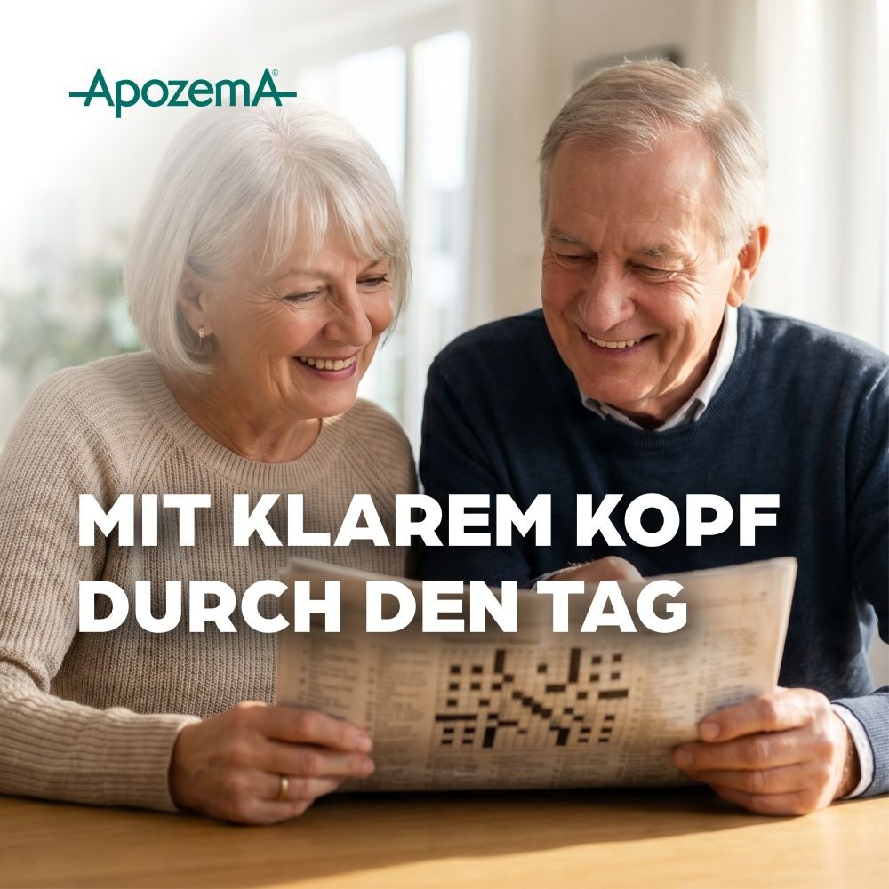 Älteres Paar löst Kreuzworträtsel, Apozema® Logo oben links.
