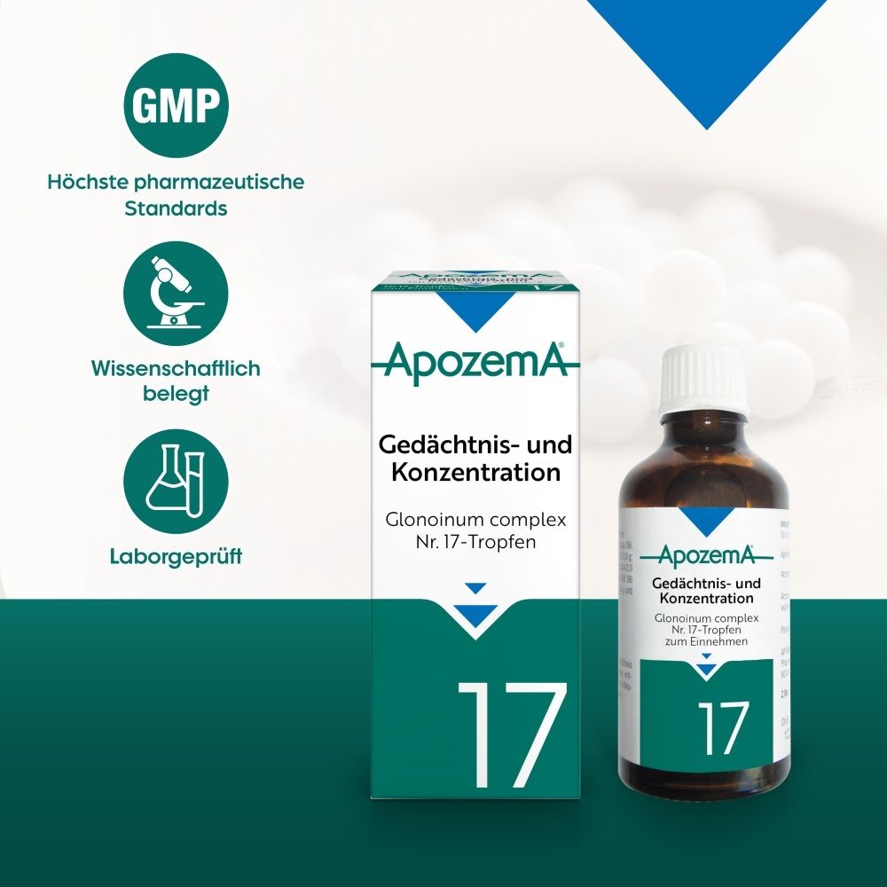 Apozema® Tropfen Nr. 17: Schachtel, Fläschchen und Qualitätssiegel.
