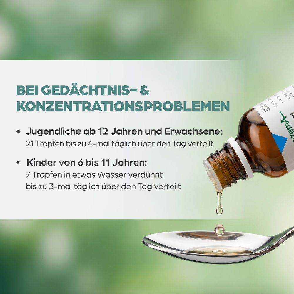 Tropfen werden aus Apozema® Flasche auf Löffel getropft.