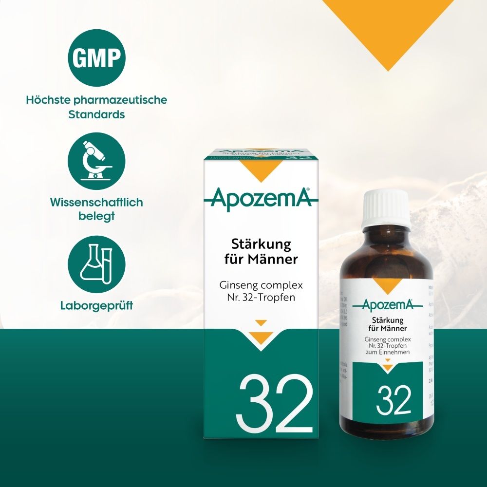Apozema Stärkung für Männer Nr. 32 Tropfen: Fläschchen, Faltschachtel und Qualitätssiegel (GMP, wissenschaftlich belegt, laborgeprüft).